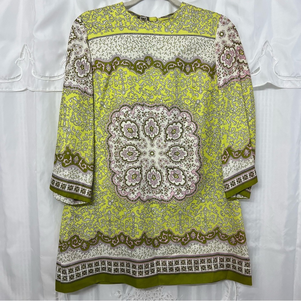 Vintage 70’s Alex Colman California Paisley Shift Dress Chartreuse Green—Small